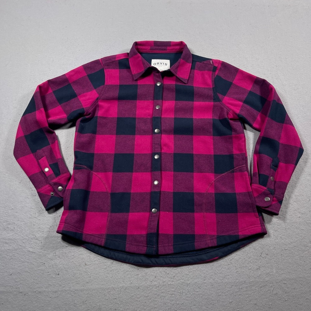 Orvis Shirt Jacket Women L Pink Navy Plaid Fleece Lined Snap Front Warm Outdoors